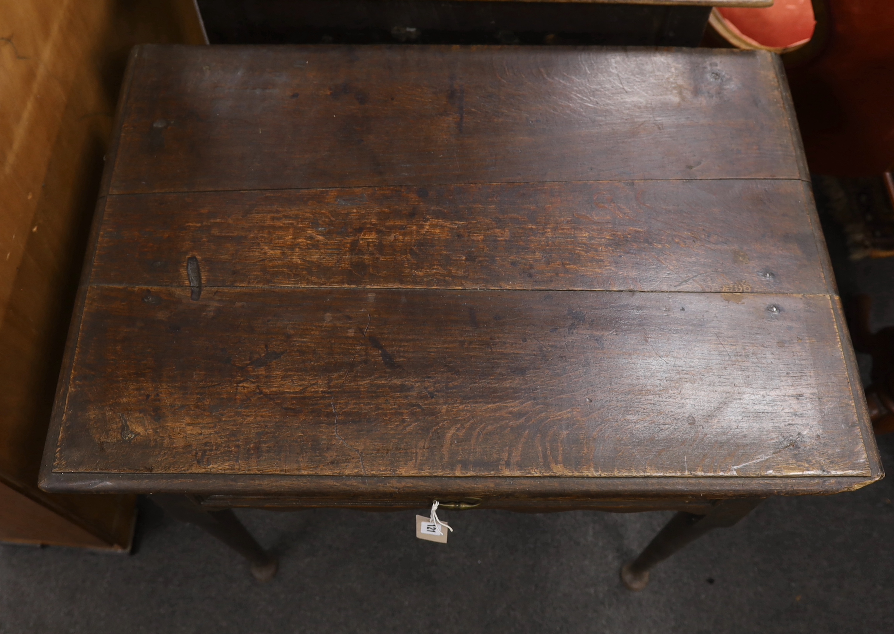 An 18th century oak side table, width 76cm, depth 52cm, height 66cm